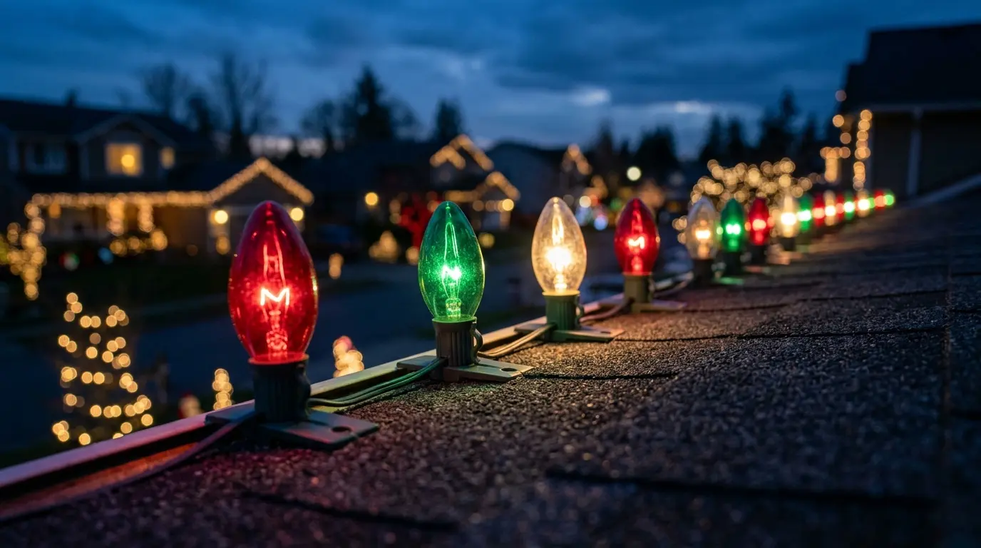 Close-up of red, green and warm white C9 bulbs along a roofline at dusk