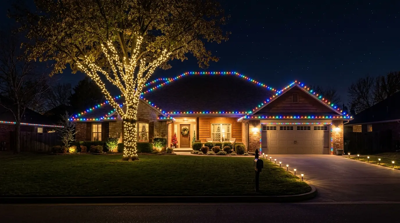 Ranch home with multicolor roofline lights and a front yard tree wrapped in warm white mini lights
